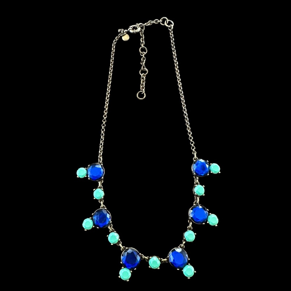 J Crew Antique Gold Blue Green Round Stone Statement Necklace 20”